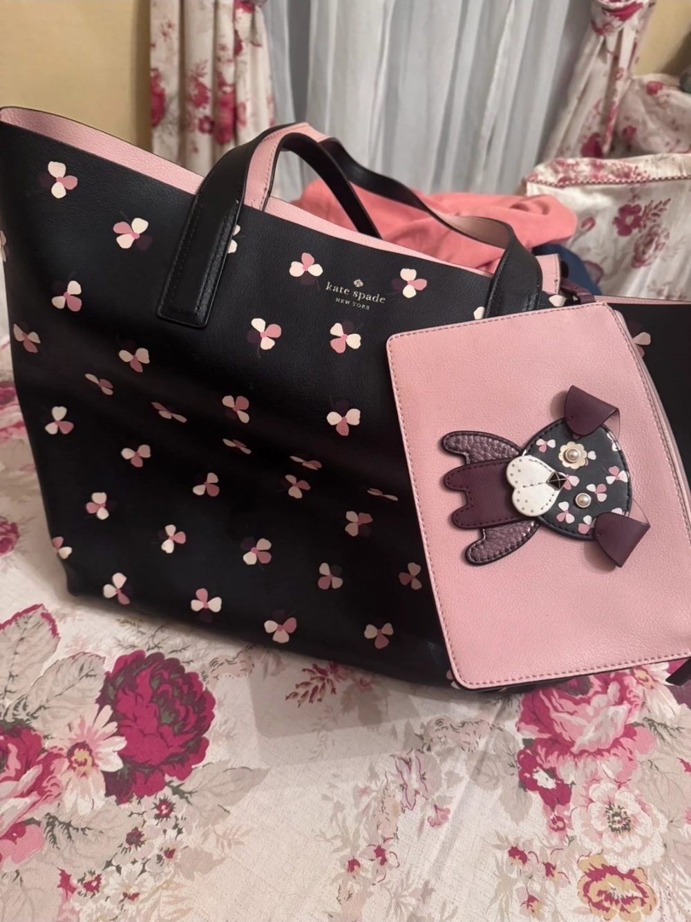 kate spade New York Black & Pink Floral Tote with Pink Pouch